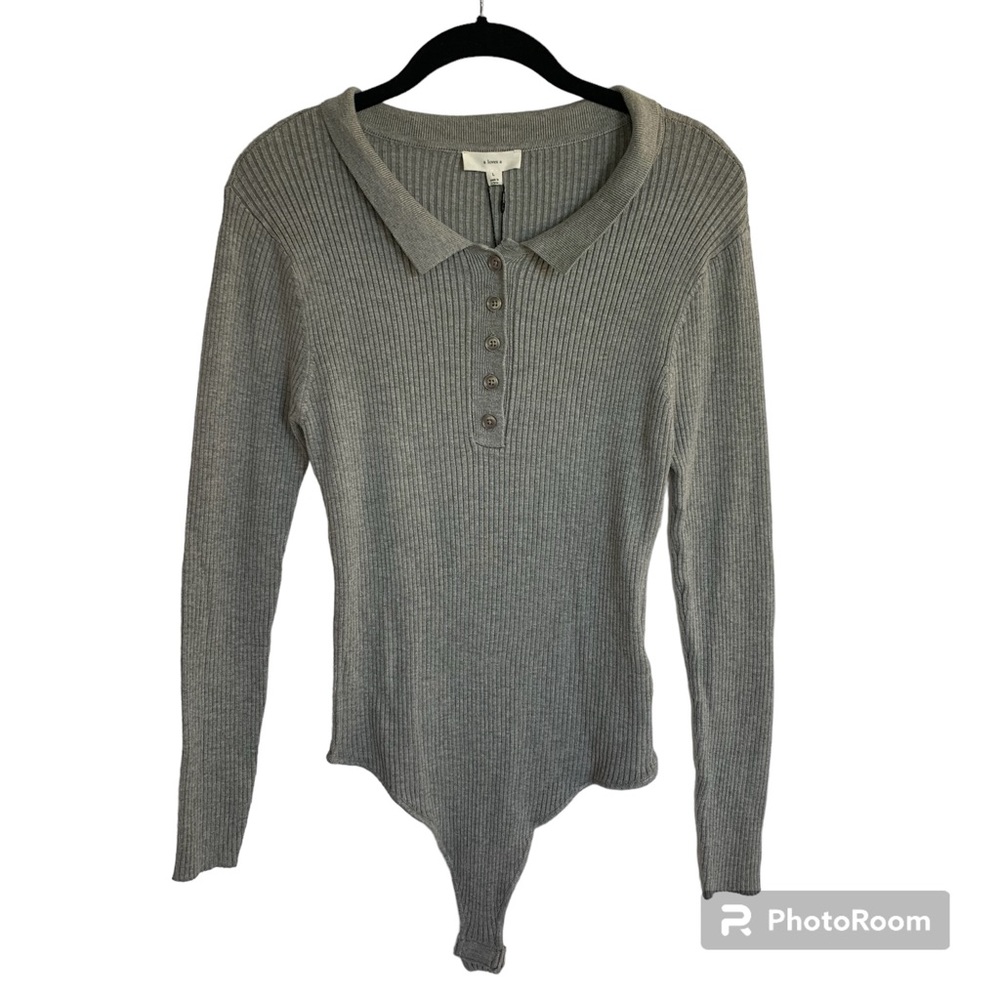 A Loves A Womens L Bodysuit Long Sleeve Charcoal Gray Rib Knit NWT